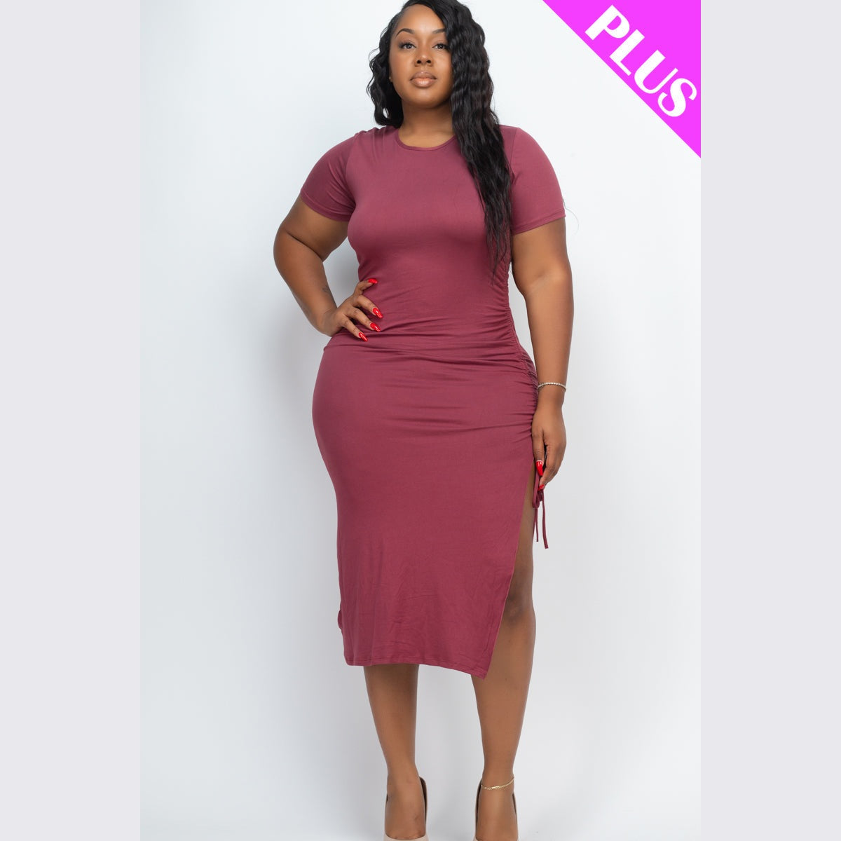 Plus Size Drawstring Ruched Side Split Hem Midi Dress