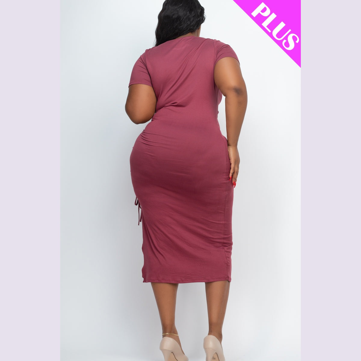 Plus Size Drawstring Ruched Side Split Hem Midi Dress