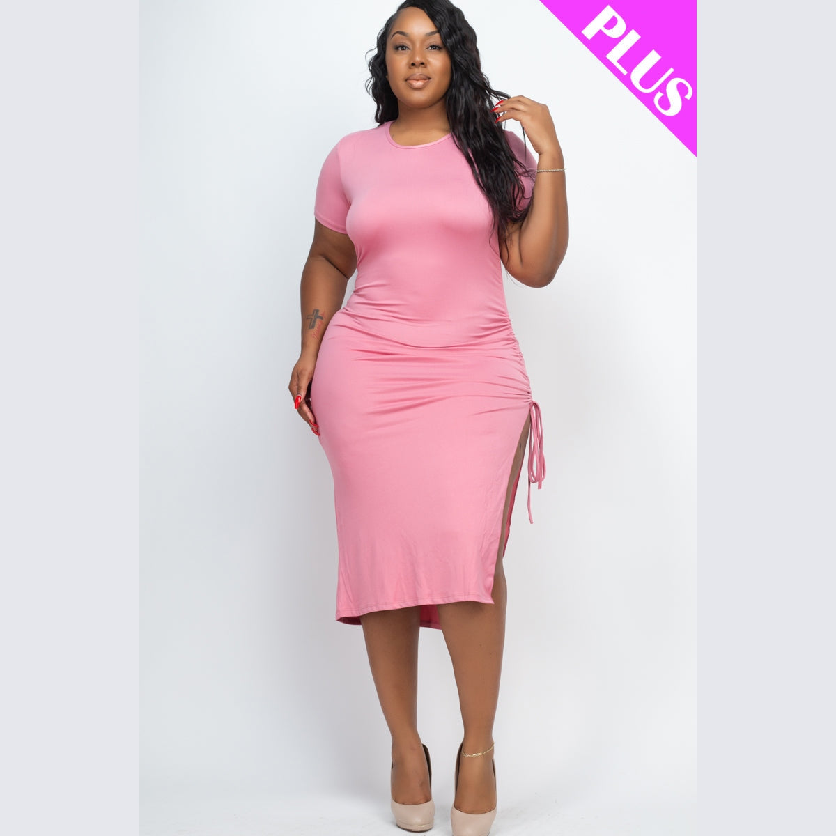 Plus Size Drawstring Ruched Side Split Hem Midi Dress