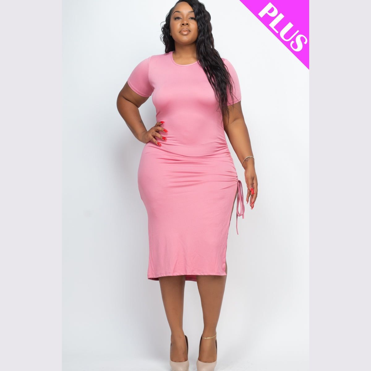 Plus Size Drawstring Ruched Side Split Hem Midi Dress