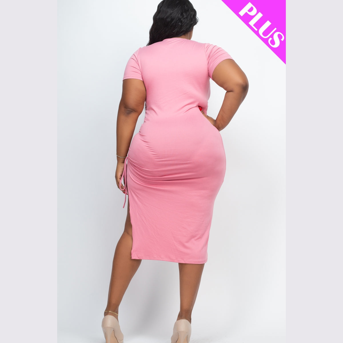 Plus Size Drawstring Ruched Side Split Hem Midi Dress