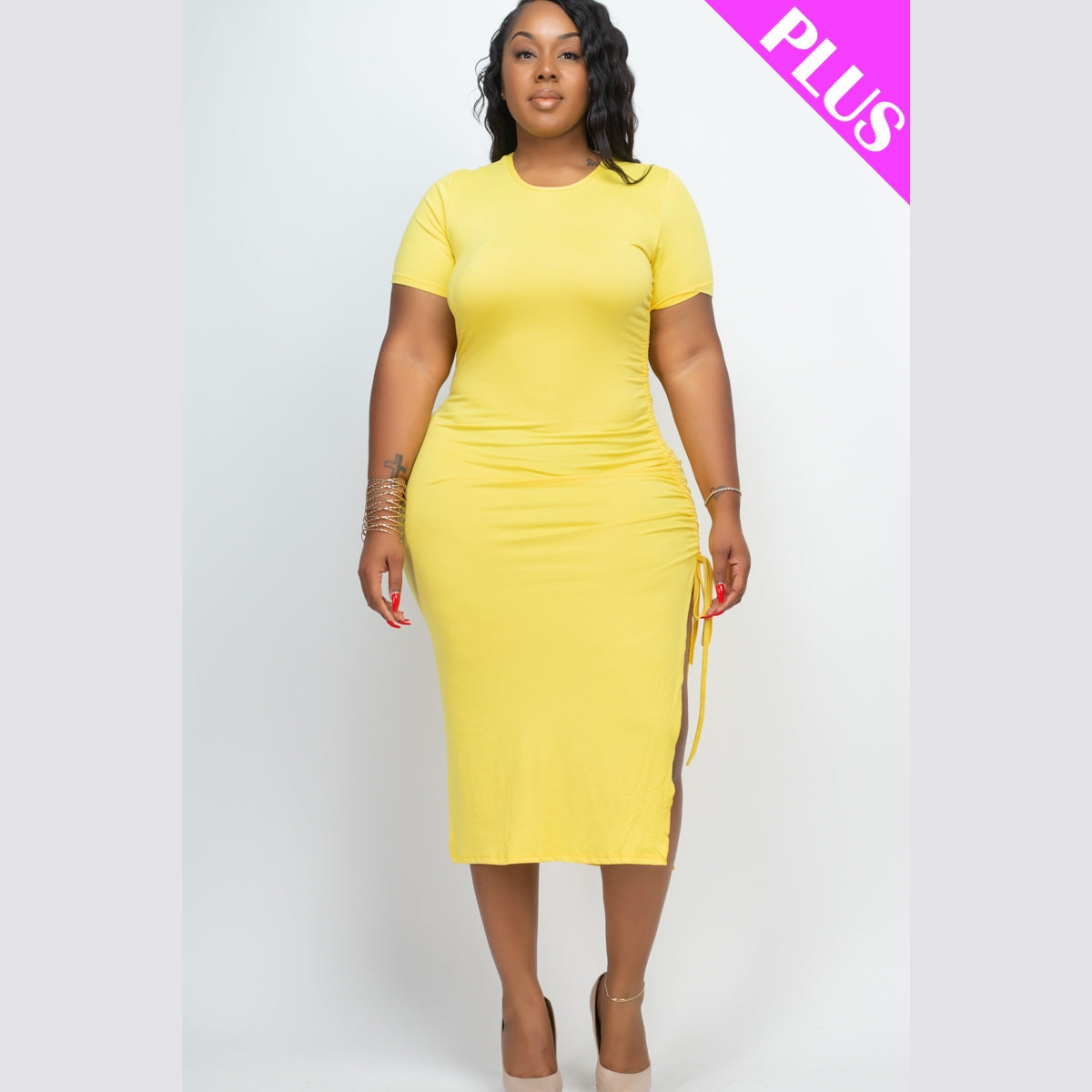 Plus Size Drawstring Ruched Side Split Hem Midi Dress