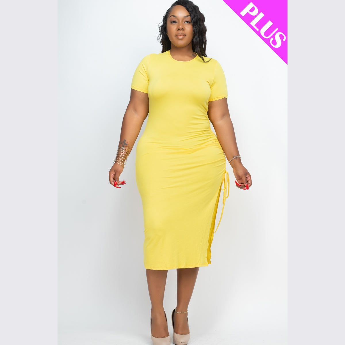 Plus Size Drawstring Ruched Side Split Hem Midi Dress