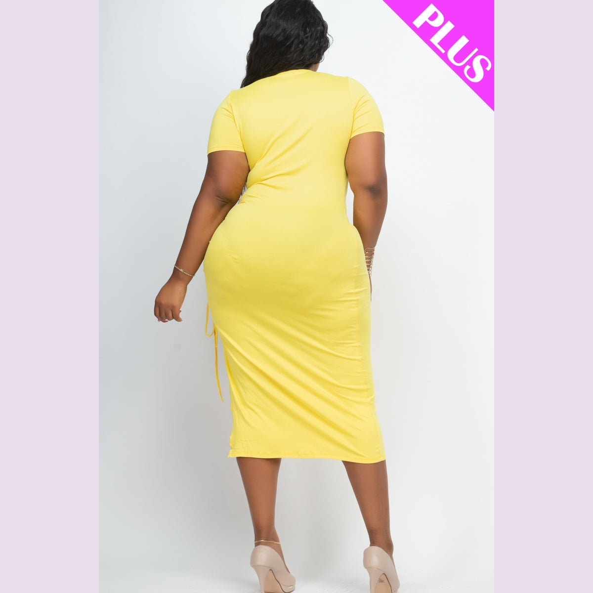 Plus Size Drawstring Ruched Side Split Hem Midi Dress