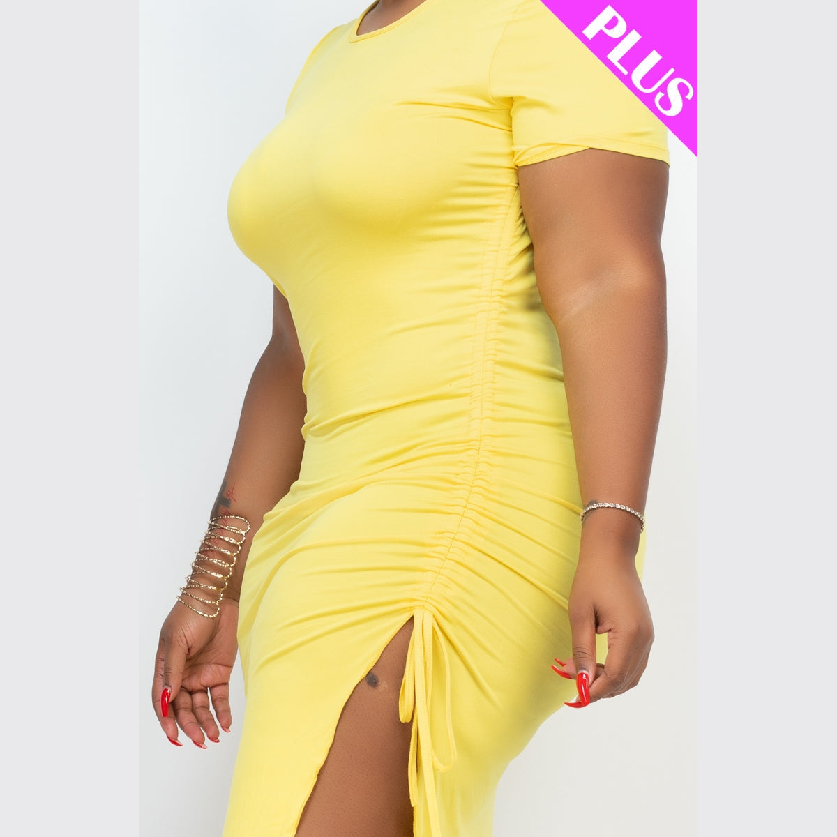 Plus Size Drawstring Ruched Side Split Hem Midi Dress