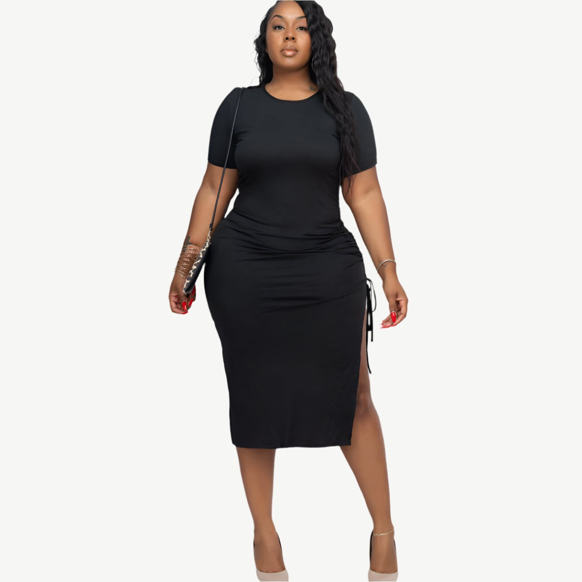 Plus Size Drawstring Ruched Side Split Hem Midi Dress