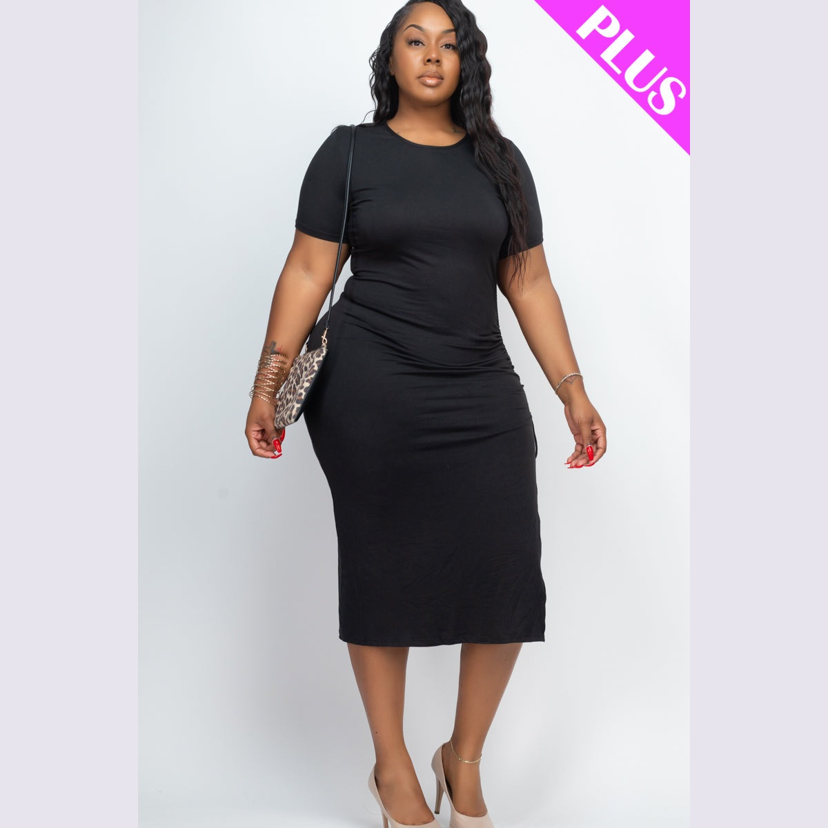 Plus Size Drawstring Ruched Side Split Hem Midi Dress