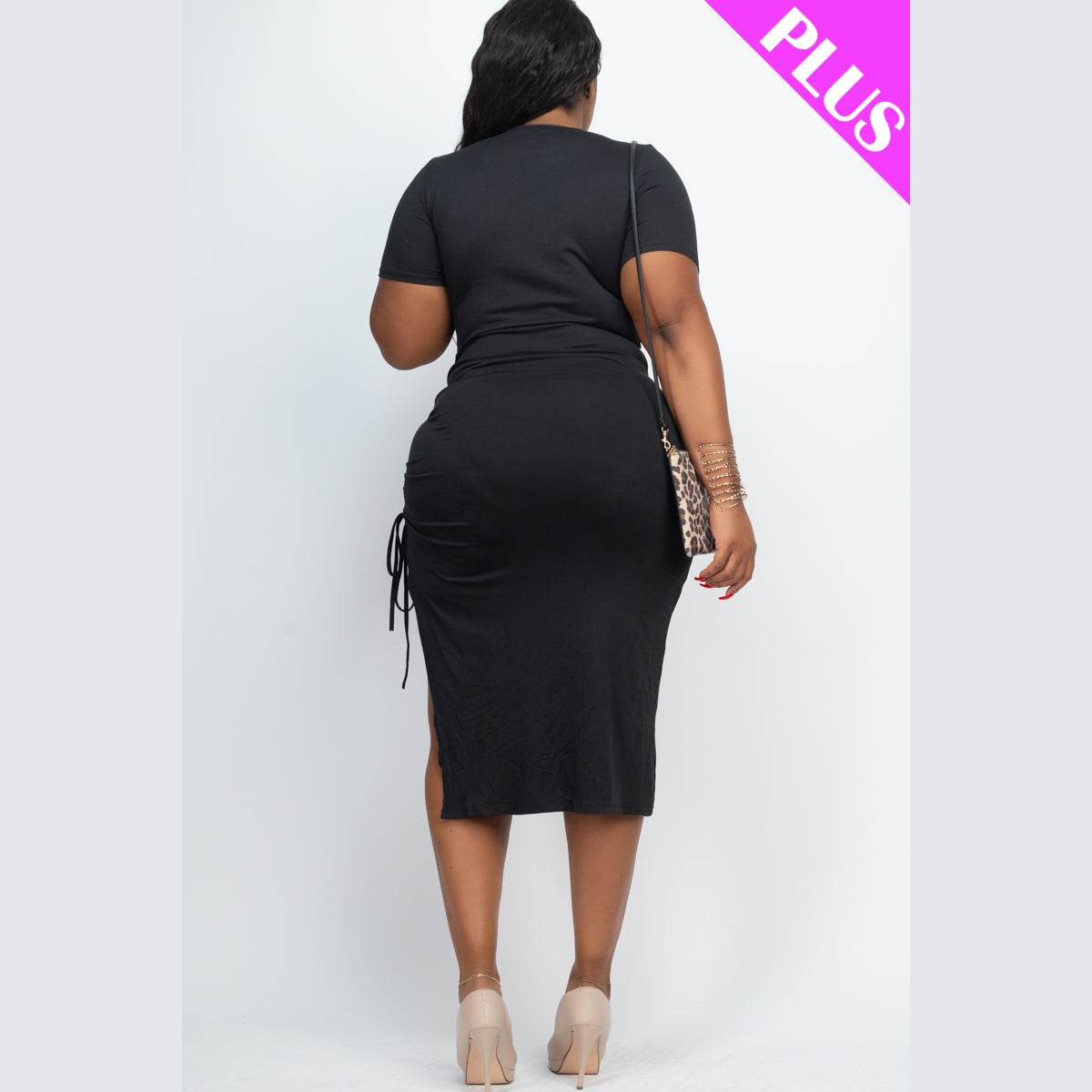 Plus Size Drawstring Ruched Side Split Hem Midi Dress