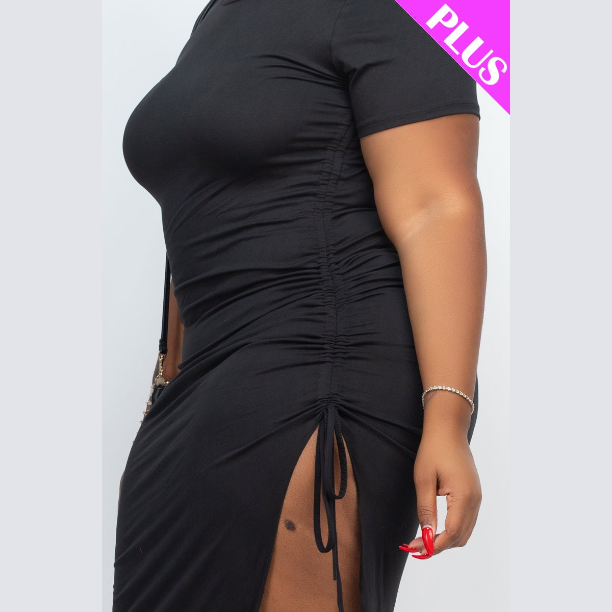 Plus Size Drawstring Ruched Side Split Hem Midi Dress
