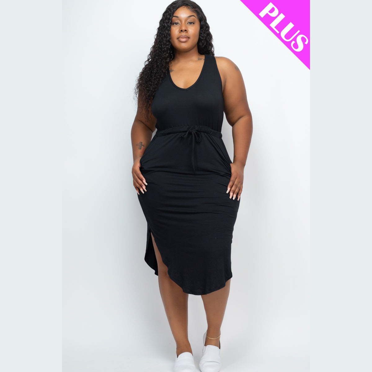 PLUS SIZE DRAWSTRING SLEEVELESS MIDI DRESS