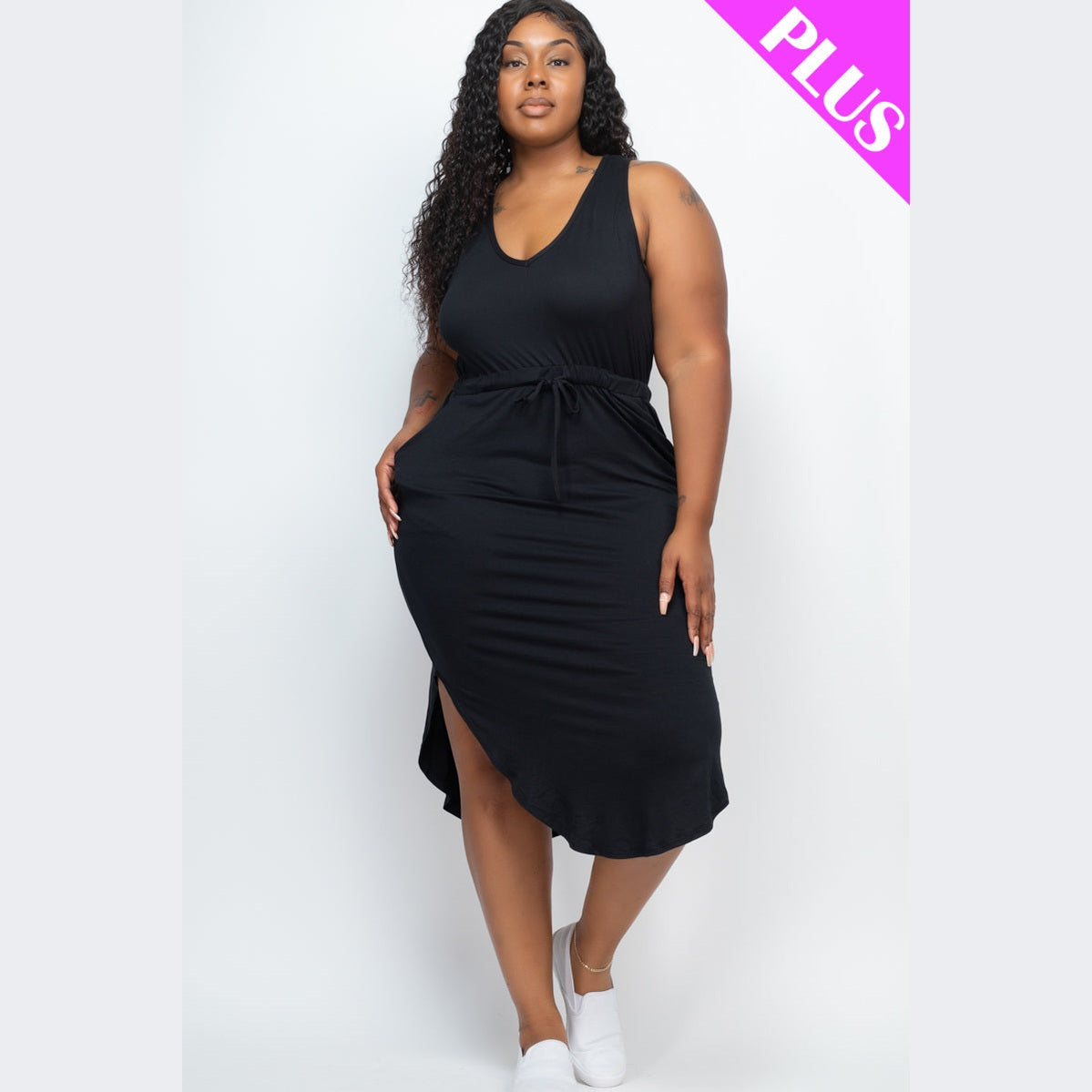 PLUS SIZE DRAWSTRING SLEEVELESS MIDI DRESS