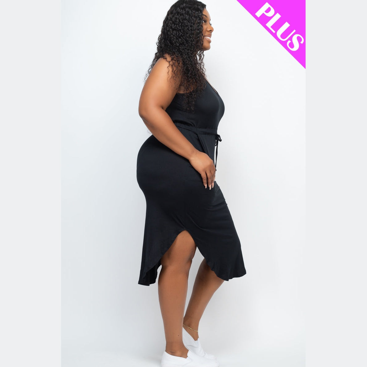 PLUS SIZE DRAWSTRING SLEEVELESS MIDI DRESS