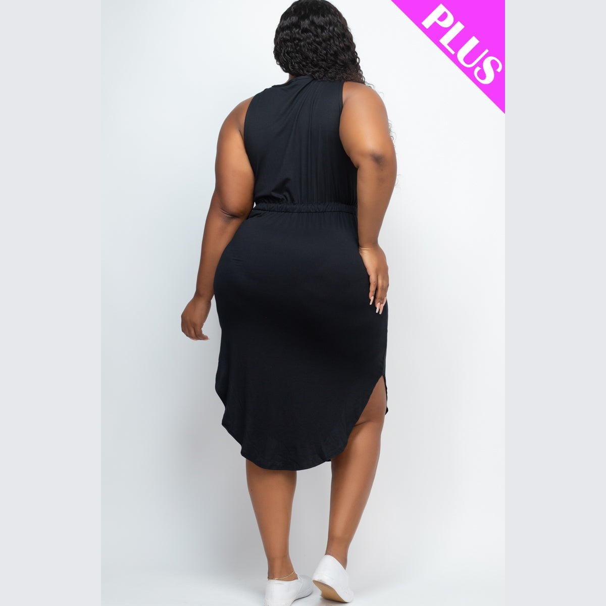PLUS SIZE DRAWSTRING SLEEVELESS MIDI DRESS
