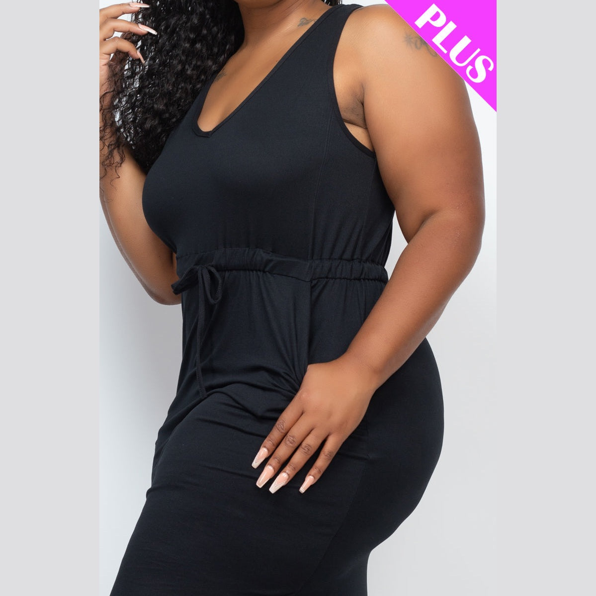 PLUS SIZE DRAWSTRING SLEEVELESS MIDI DRESS