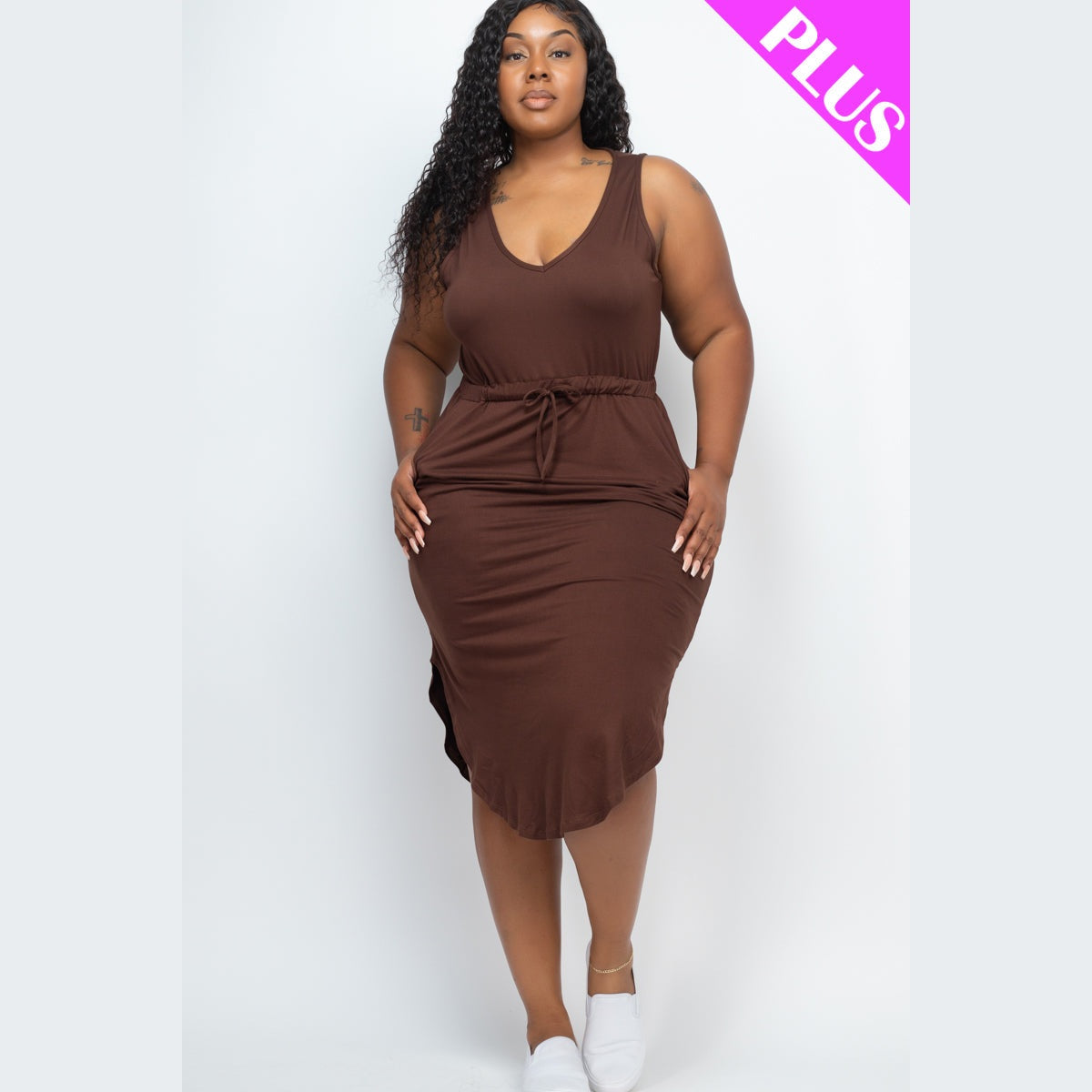 PLUS SIZE DRAWSTRING SLEEVELESS MIDI DRESS