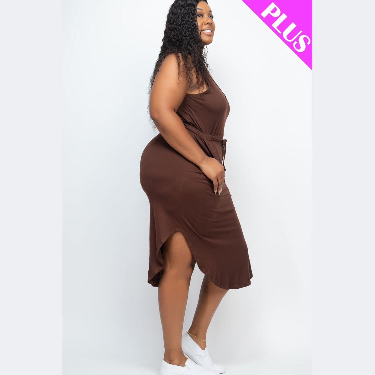 PLUS SIZE DRAWSTRING SLEEVELESS MIDI DRESS