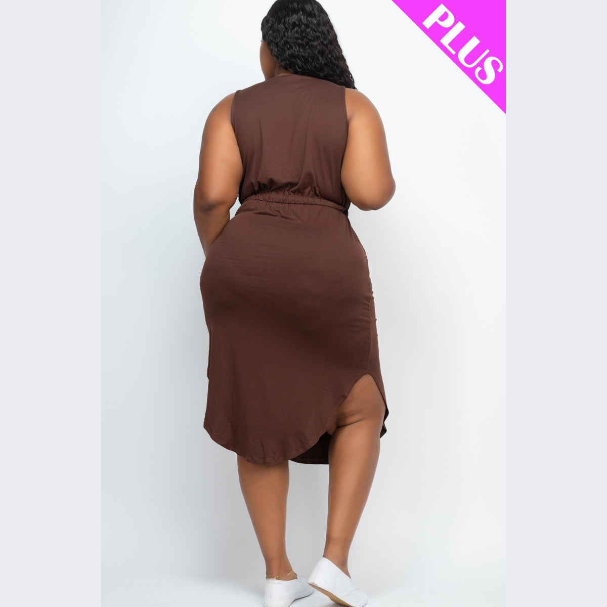PLUS SIZE DRAWSTRING SLEEVELESS MIDI DRESS