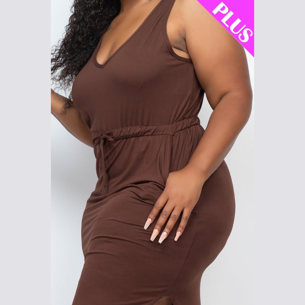 PLUS SIZE DRAWSTRING SLEEVELESS MIDI DRESS