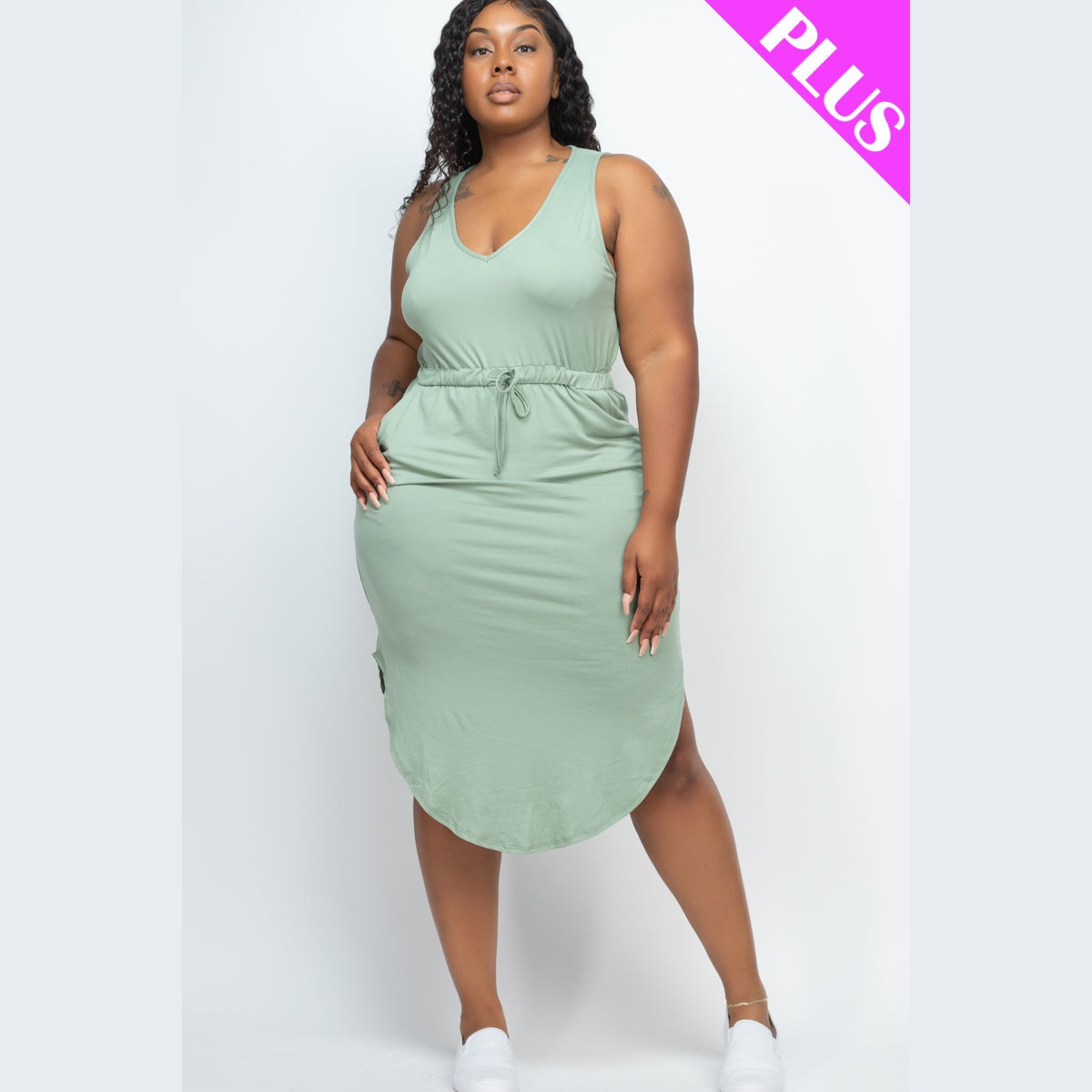 PLUS SIZE DRAWSTRING SLEEVELESS MIDI DRESS