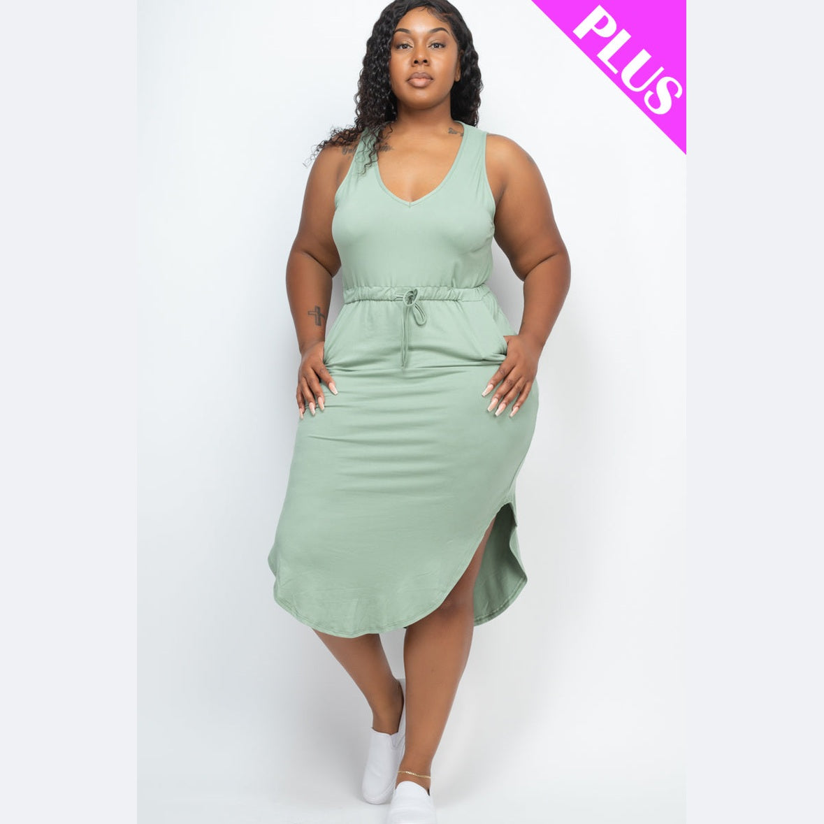 PLUS SIZE DRAWSTRING SLEEVELESS MIDI DRESS