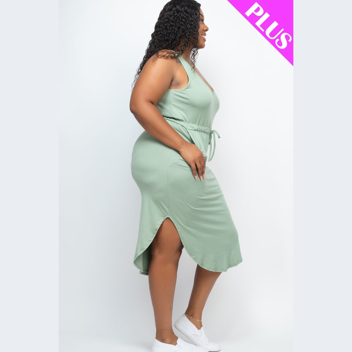 PLUS SIZE DRAWSTRING SLEEVELESS MIDI DRESS