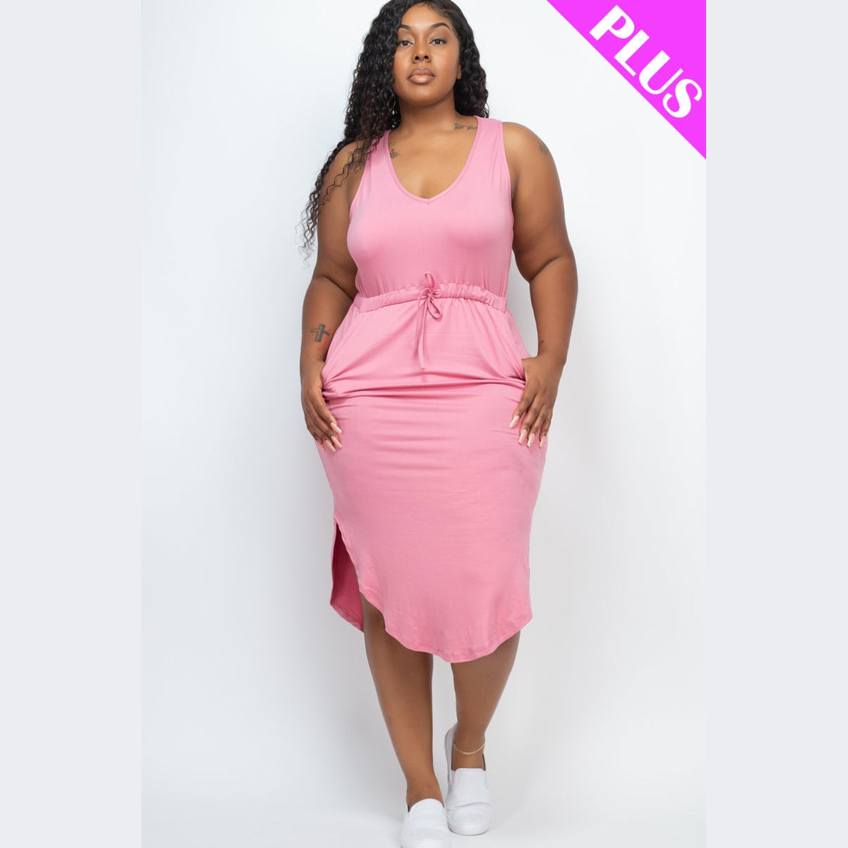 PLUS SIZE DRAWSTRING SLEEVELESS MIDI DRESS
