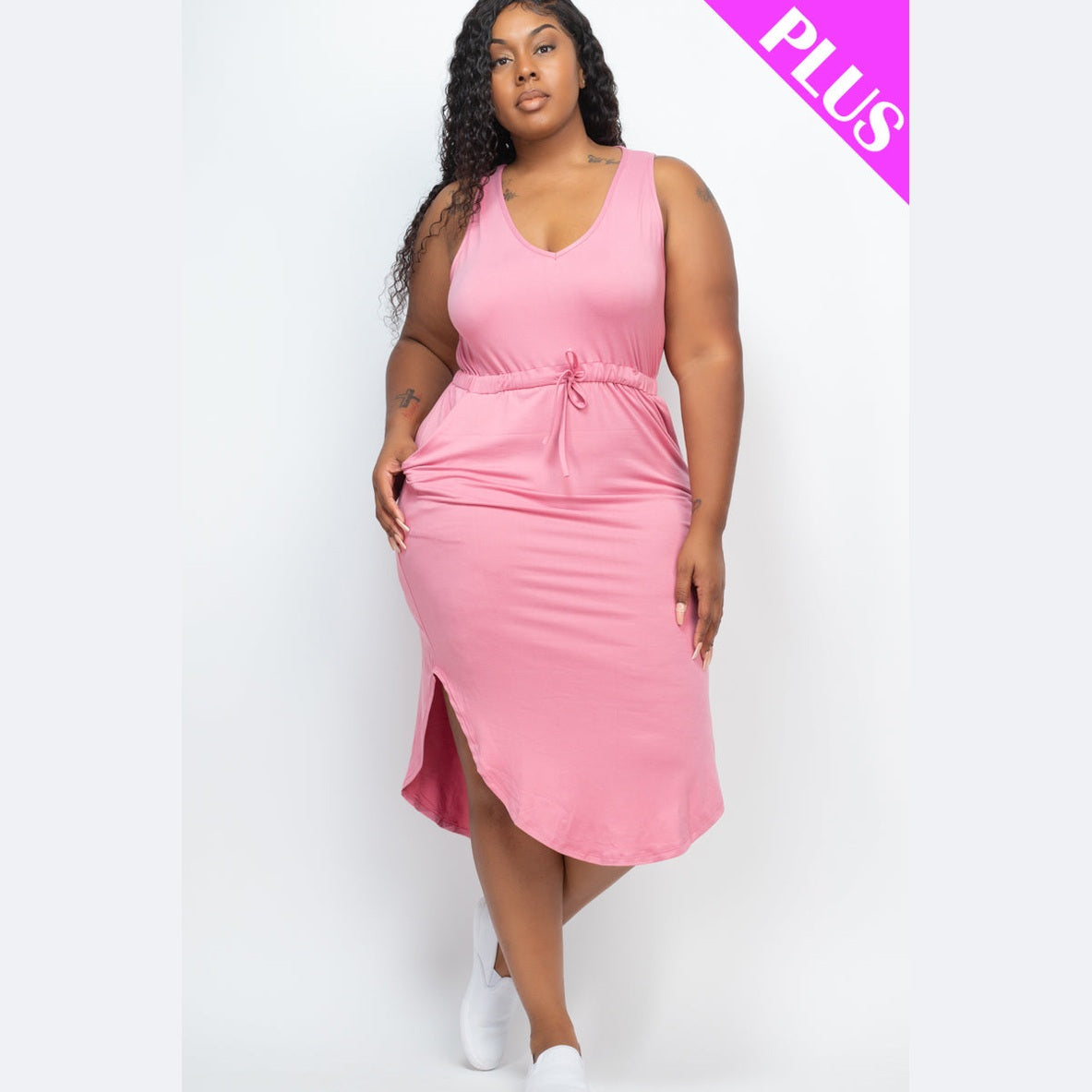 PLUS SIZE DRAWSTRING SLEEVELESS MIDI DRESS