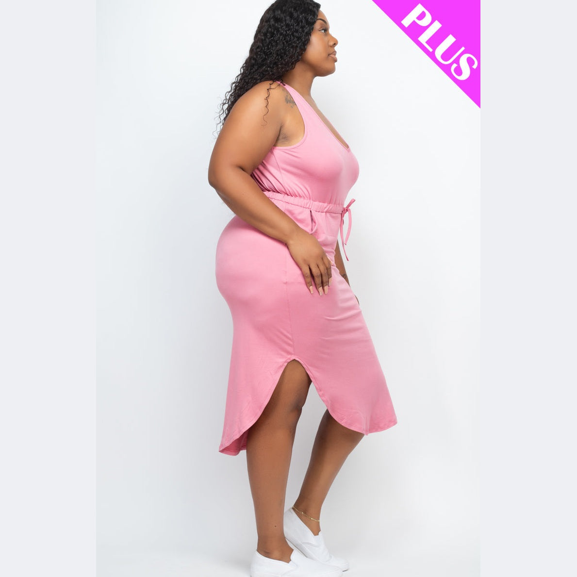 PLUS SIZE DRAWSTRING SLEEVELESS MIDI DRESS