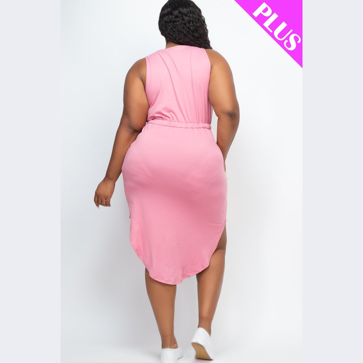 PLUS SIZE DRAWSTRING SLEEVELESS MIDI DRESS