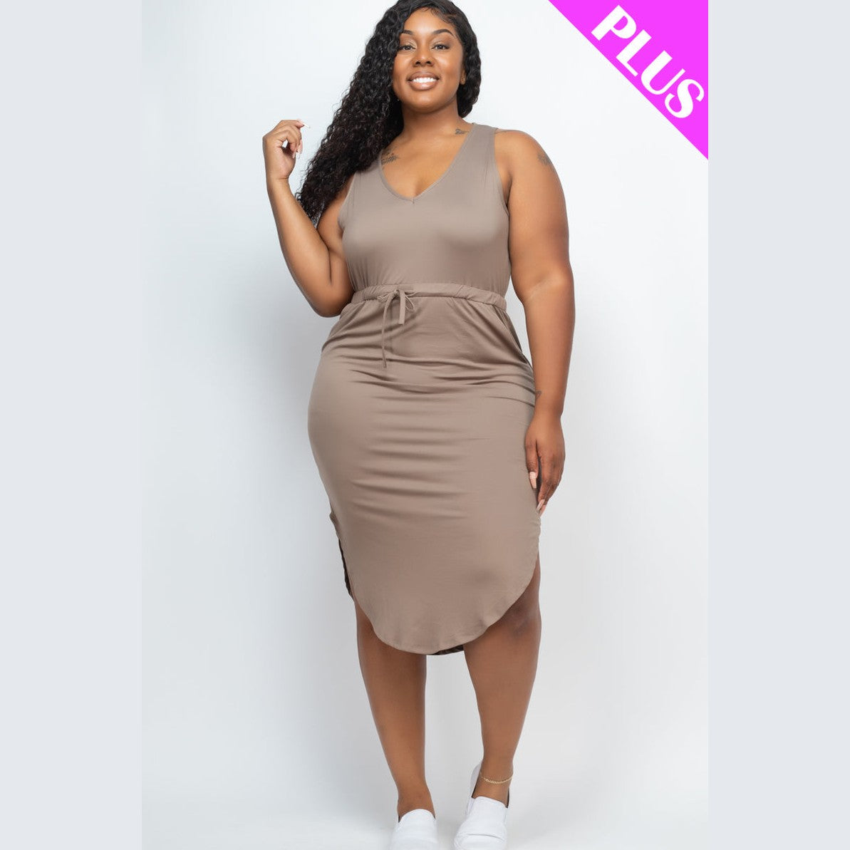 PLUS SIZE DRAWSTRING SLEEVELESS MIDI DRESS