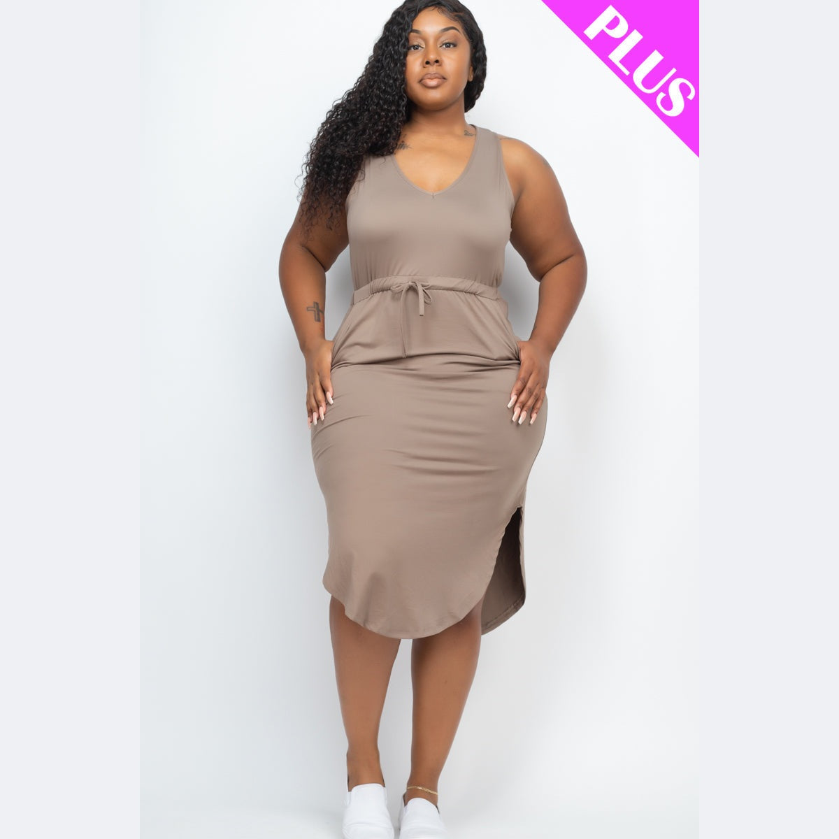 PLUS SIZE DRAWSTRING SLEEVELESS MIDI DRESS