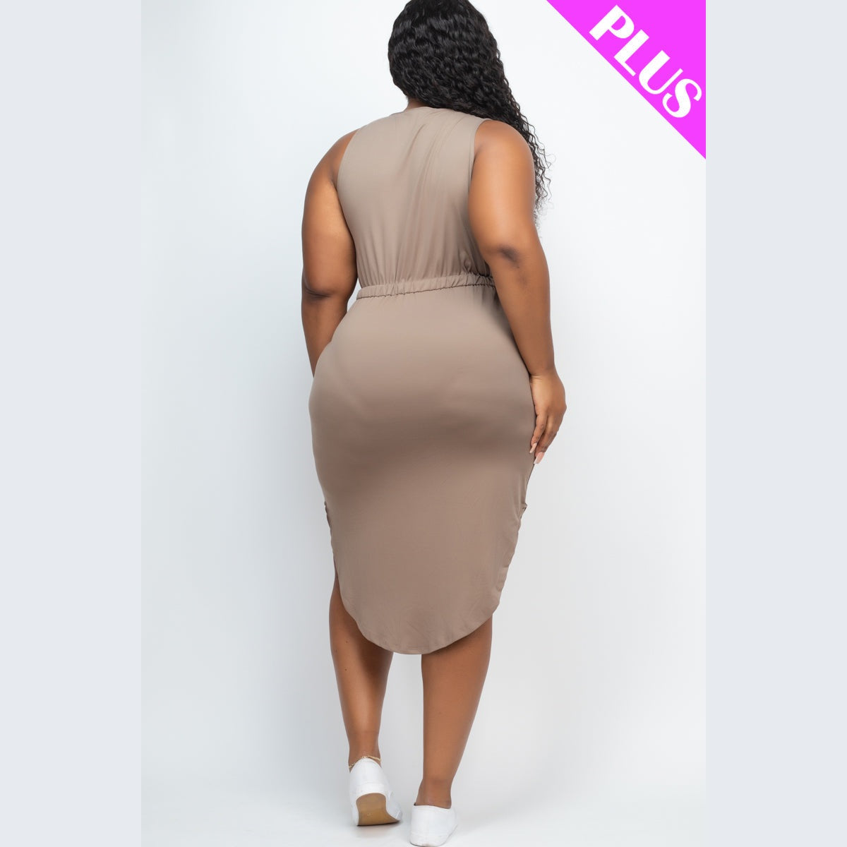 PLUS SIZE DRAWSTRING SLEEVELESS MIDI DRESS