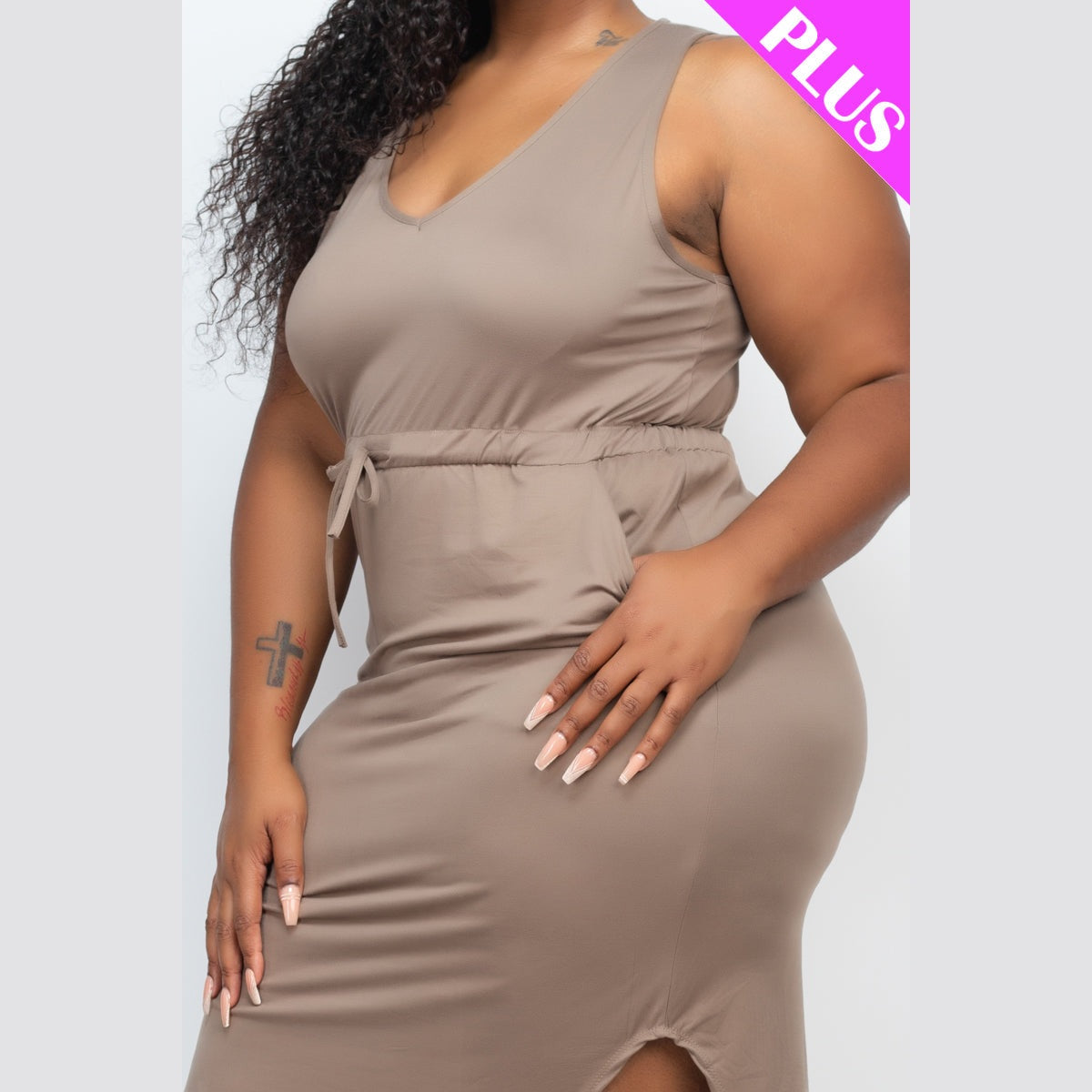 PLUS SIZE DRAWSTRING SLEEVELESS MIDI DRESS