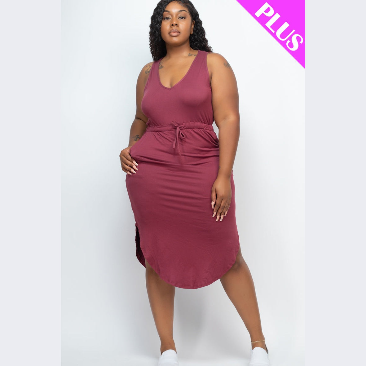 PLUS SIZE DRAWSTRING SLEEVELESS MIDI DRESS