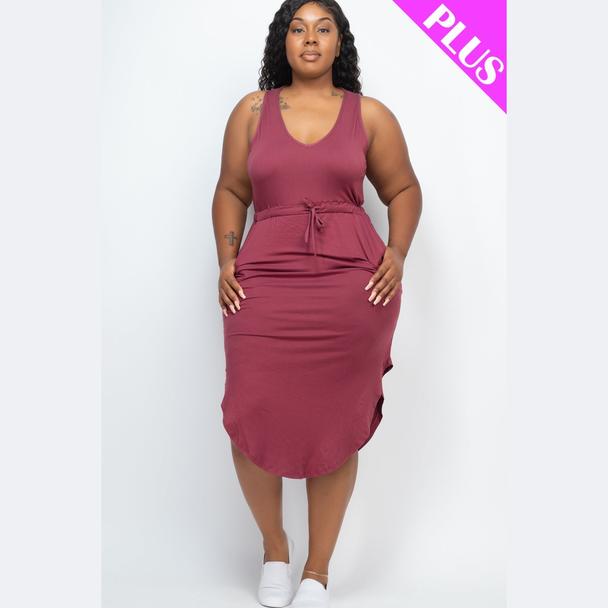 PLUS SIZE DRAWSTRING SLEEVELESS MIDI DRESS