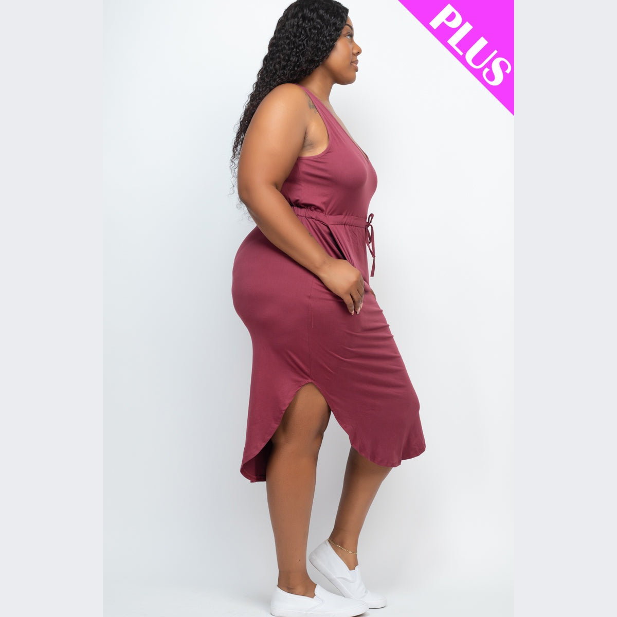 PLUS SIZE DRAWSTRING SLEEVELESS MIDI DRESS