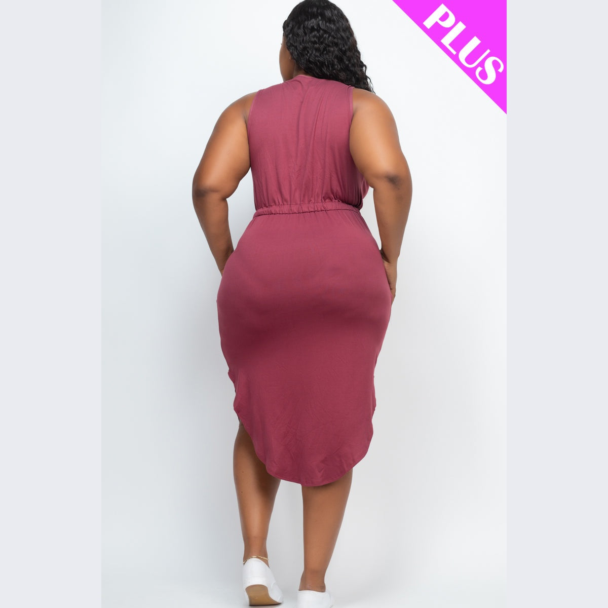 PLUS SIZE DRAWSTRING SLEEVELESS MIDI DRESS