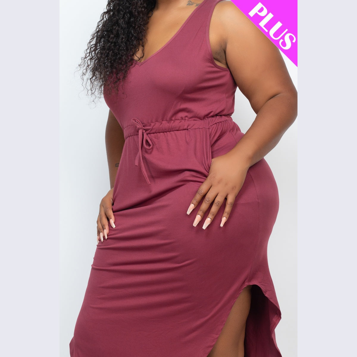 PLUS SIZE DRAWSTRING SLEEVELESS MIDI DRESS
