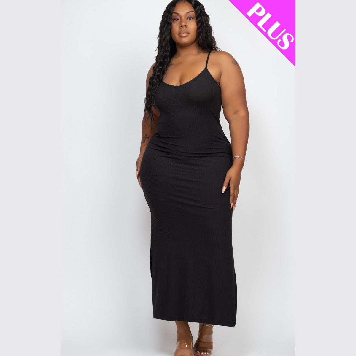 Plus Size Ribbed Side Slit Long Cami Dress