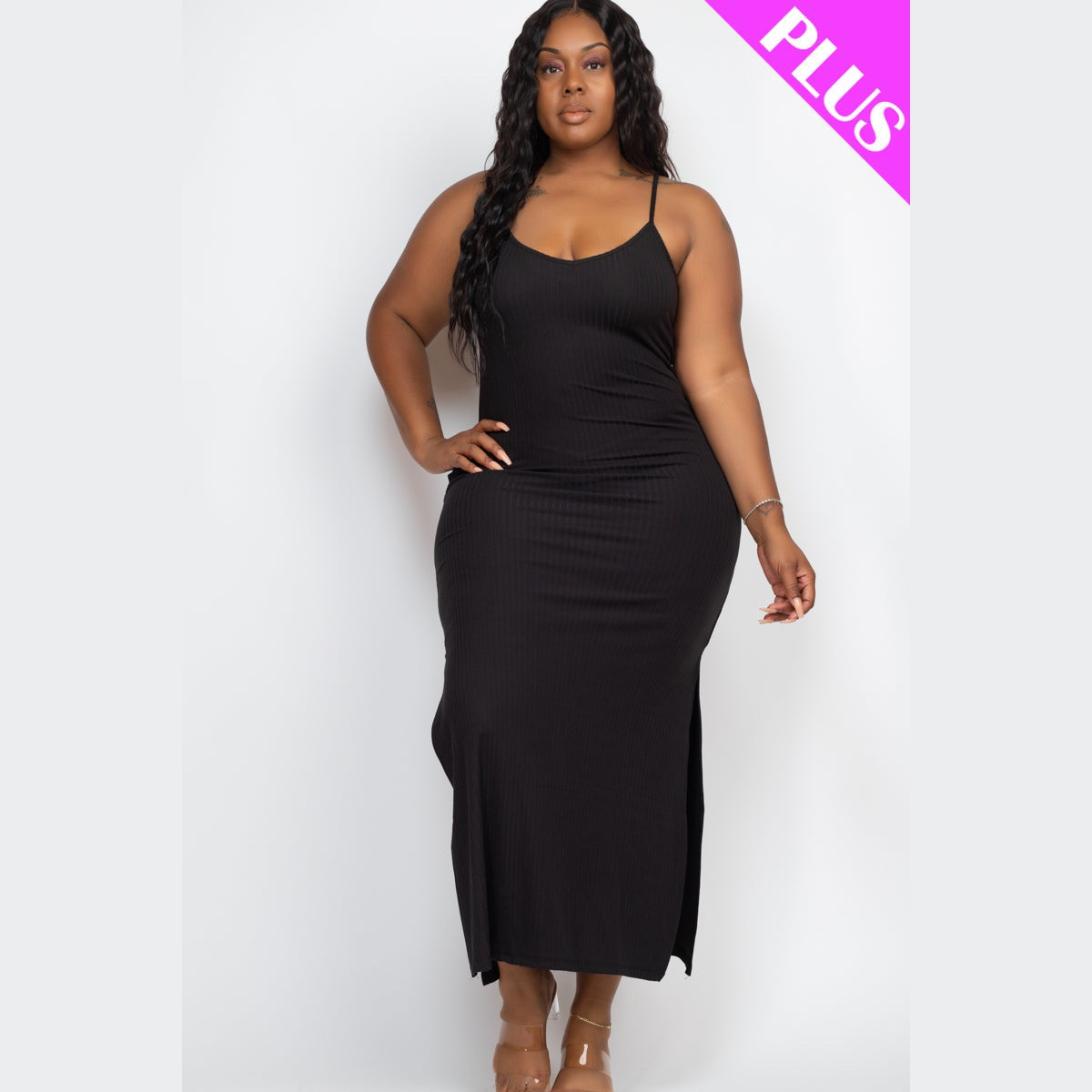 Plus Size Ribbed Side Slit Long Cami Dress