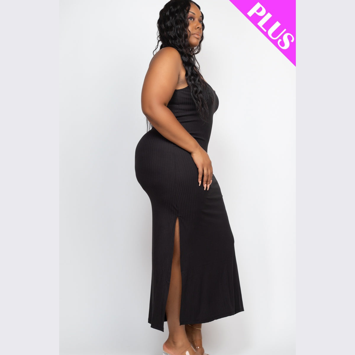 Plus Size Ribbed Side Slit Long Cami Dress
