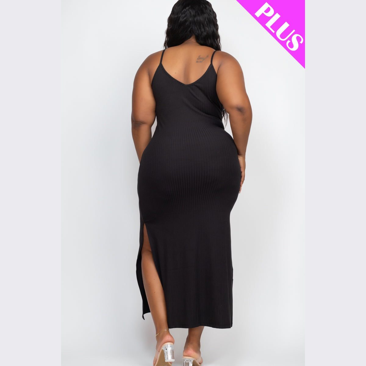 Plus Size Ribbed Side Slit Long Cami Dress