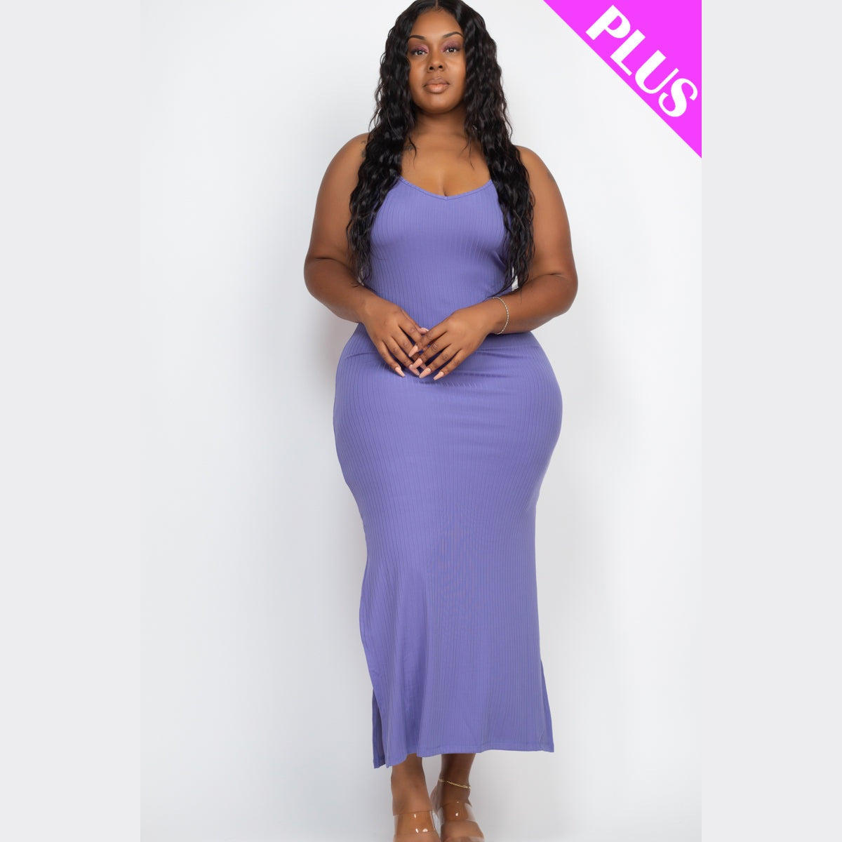 Plus Size Ribbed Side Slit Long Cami Dress
