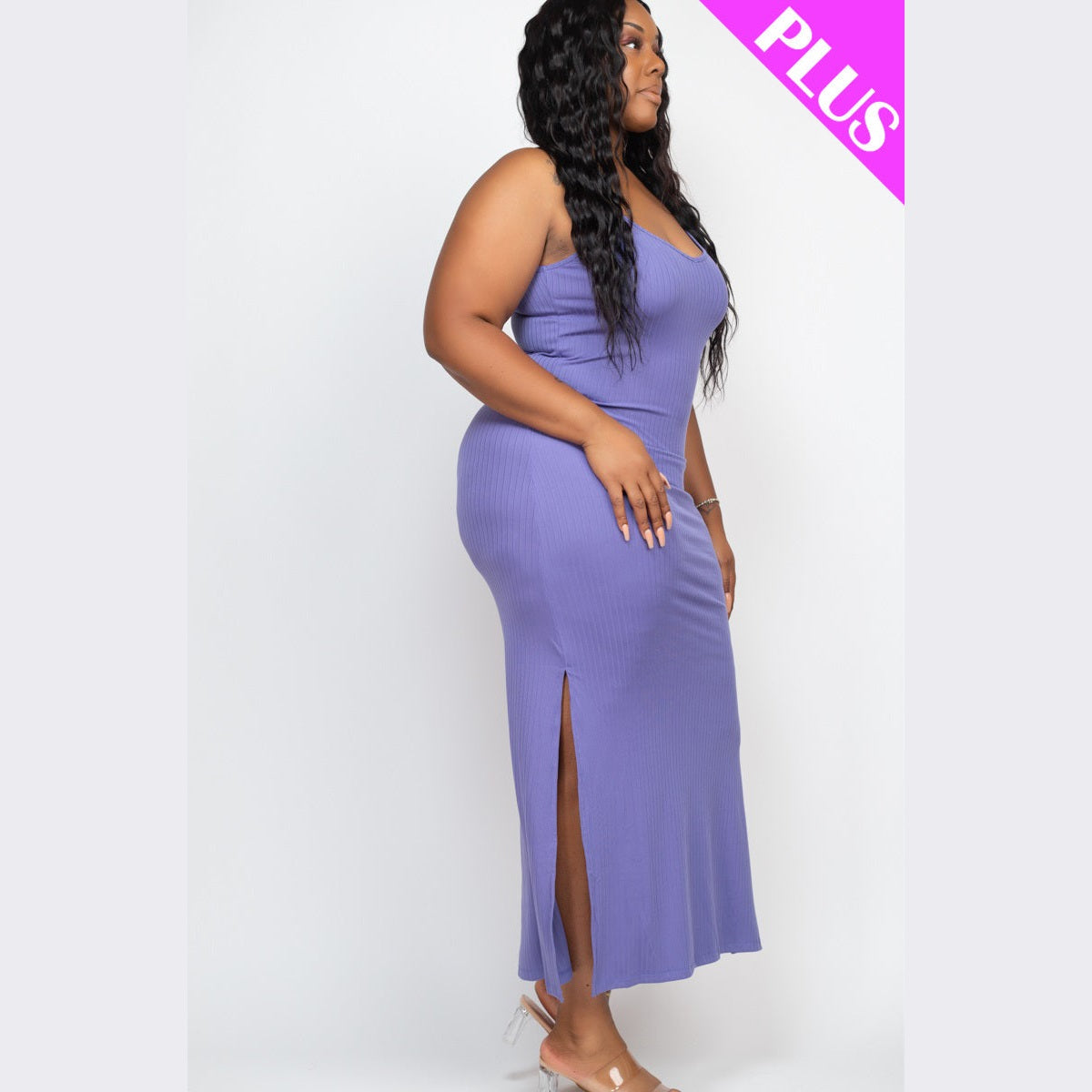 Plus Size Ribbed Side Slit Long Cami Dress