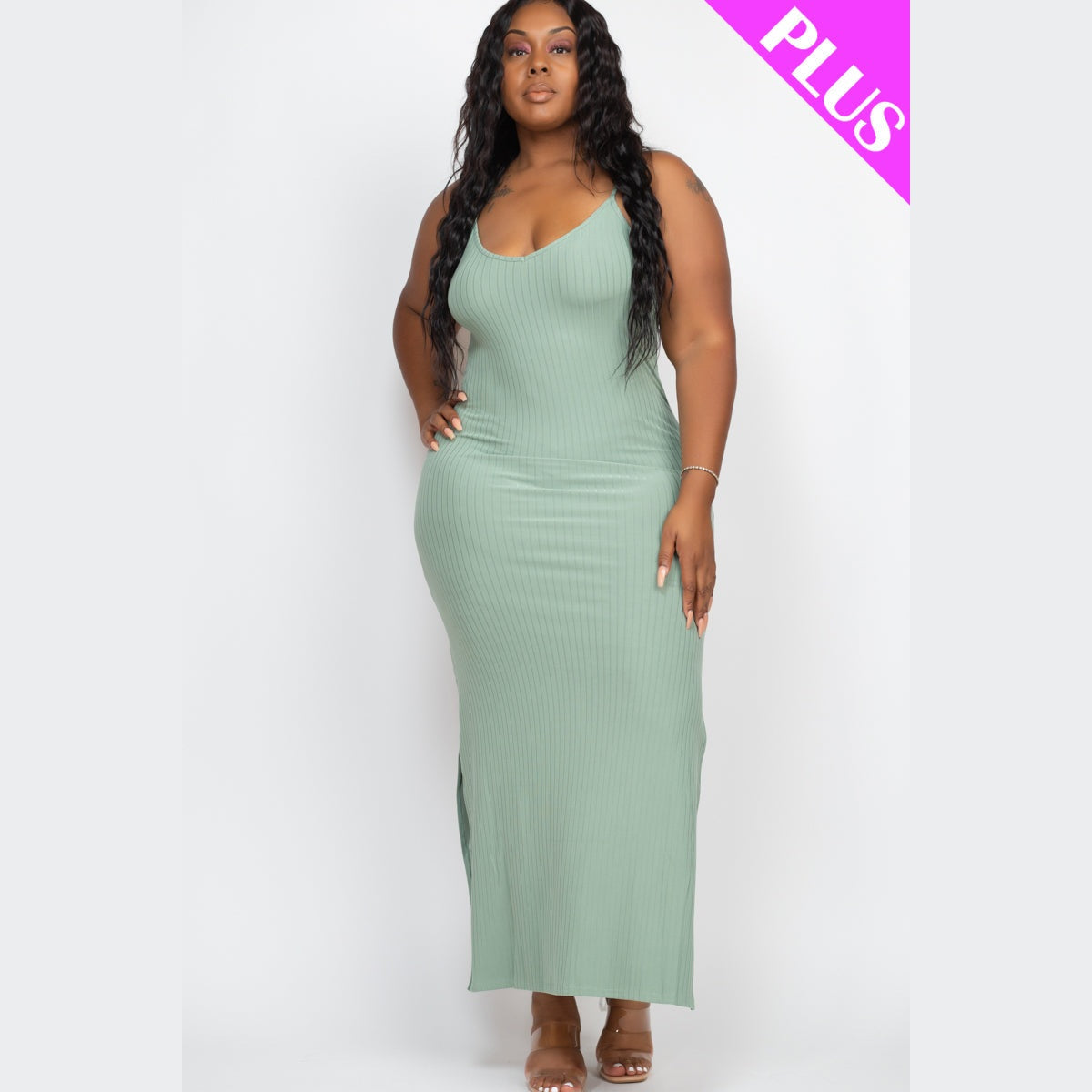 Plus Size Ribbed Side Slit Long Cami Dress