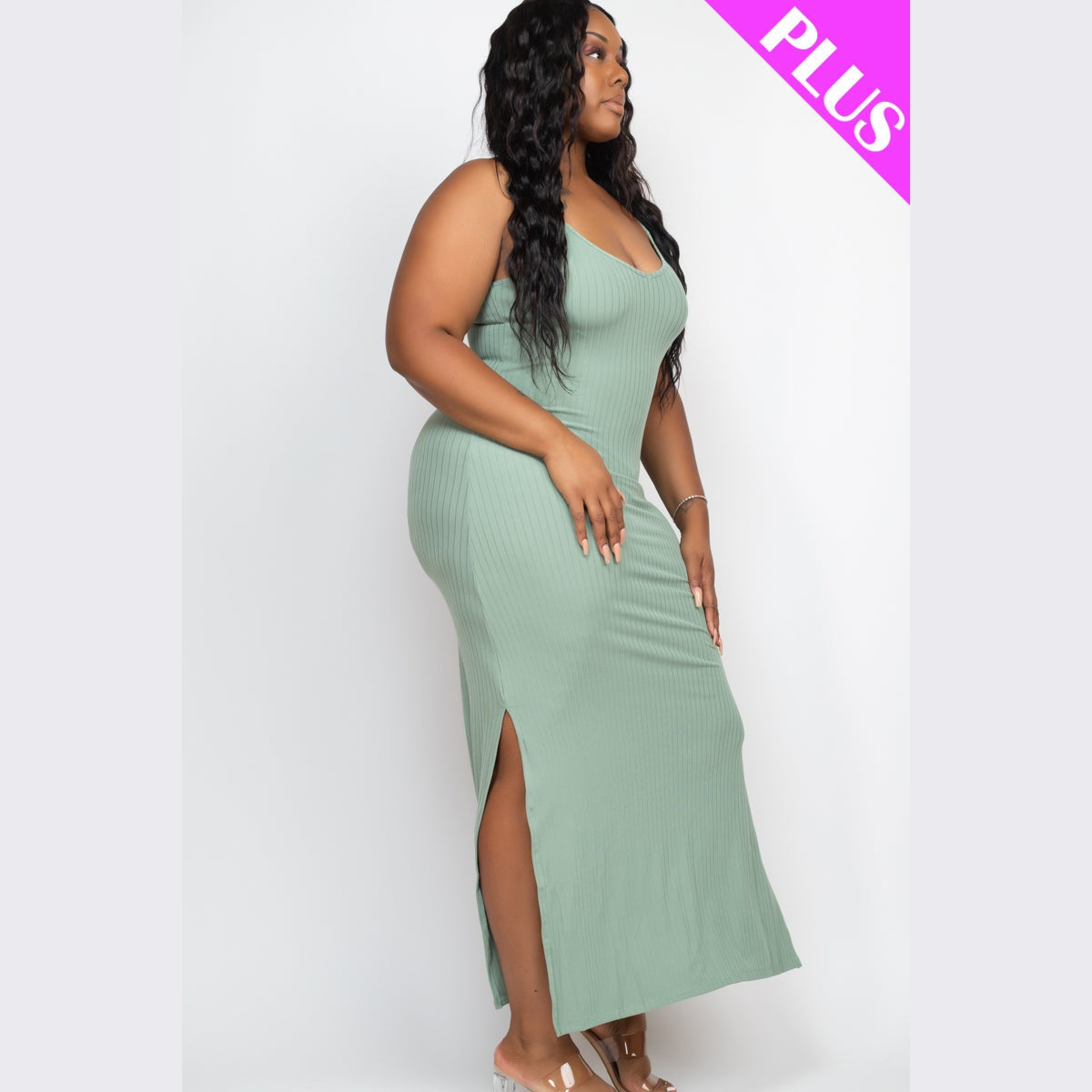 Plus Size Ribbed Side Slit Long Cami Dress