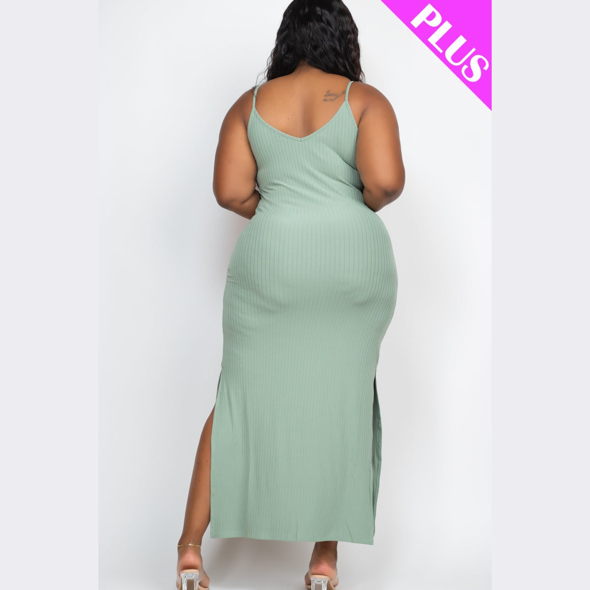 Plus Size Ribbed Side Slit Long Cami Dress