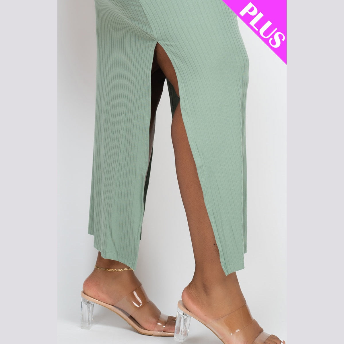 Plus Size Ribbed Side Slit Long Cami Dress