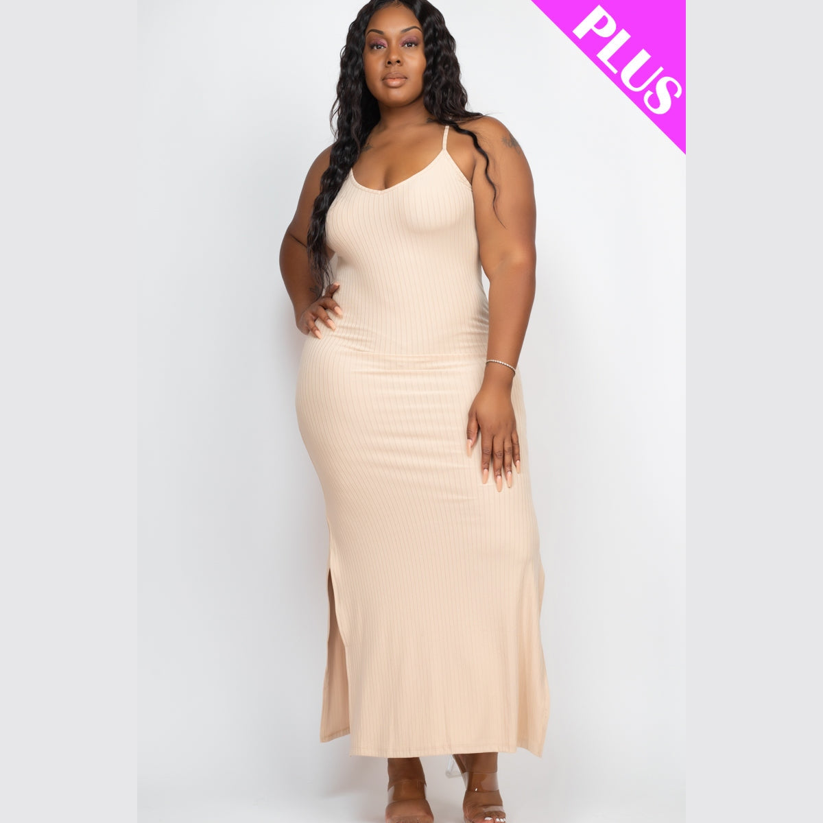 Plus Size Ribbed Side Slit Long Cami Dress