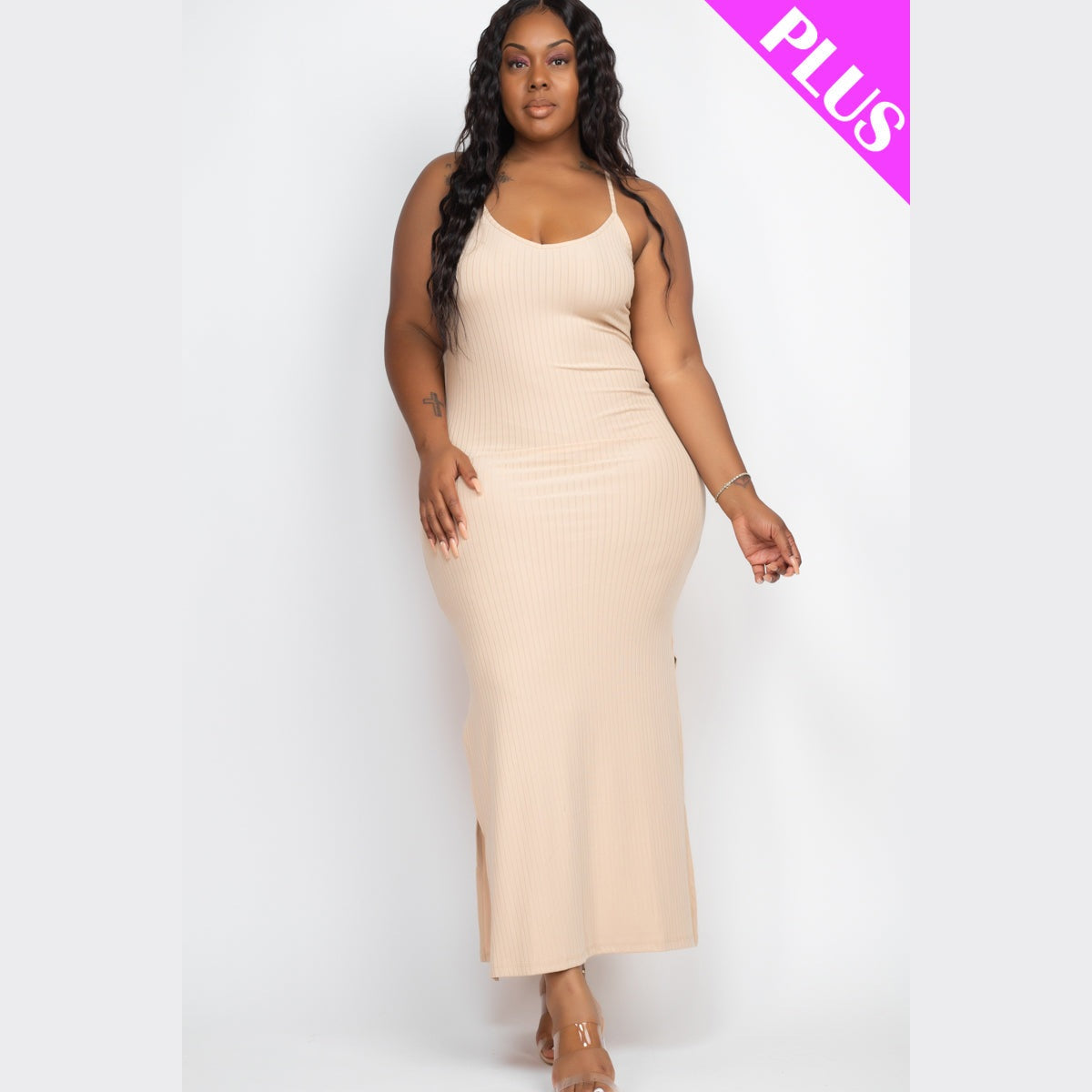 Plus Size Ribbed Side Slit Long Cami Dress